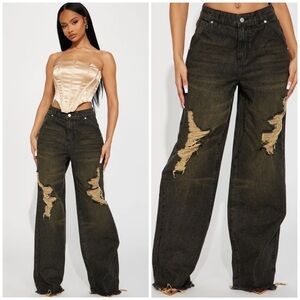 Fashion Nova Black Wash Baggy Wide Leg Ripped Denim Jeans Size 15